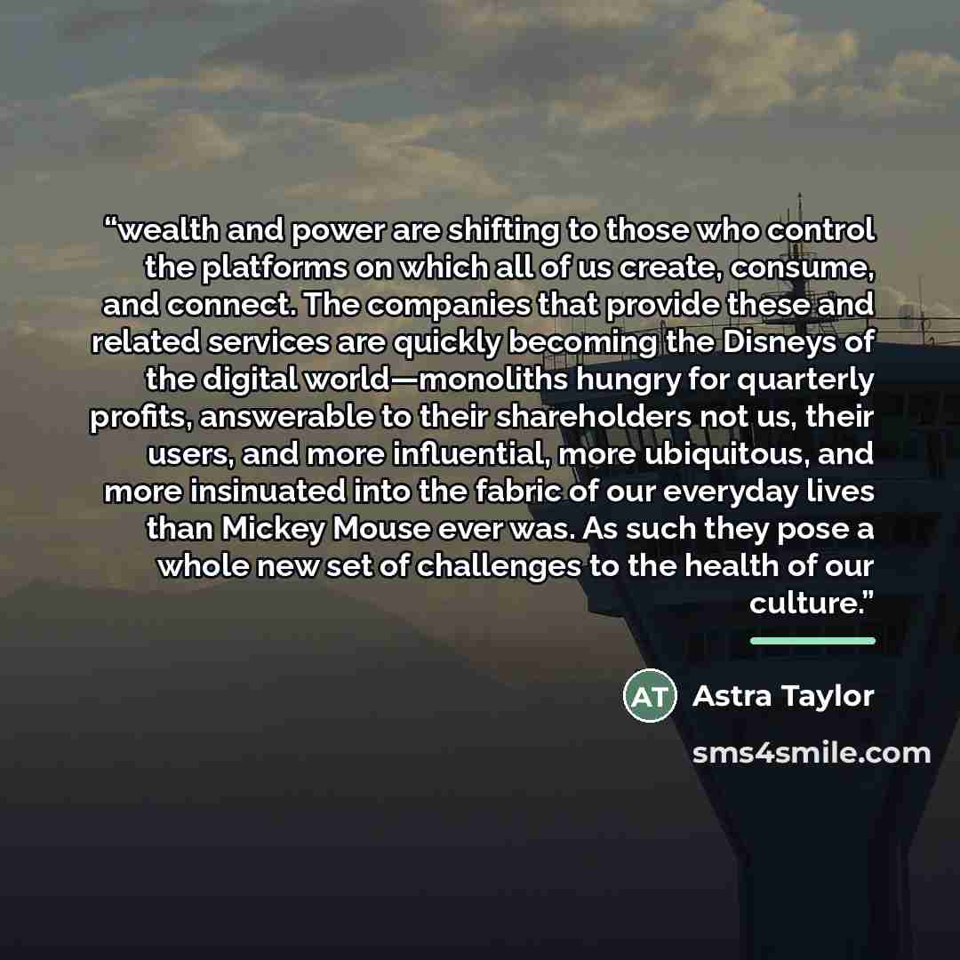 “wealth and power are shifting to those who control the platforms on which all of us create, consume, and connect. The companies that provide these and related services are quickly becoming the Disneys of the digital world—monoliths hungry for quarterly profits, answerable to their shareholders not…” quote by Astra Taylor