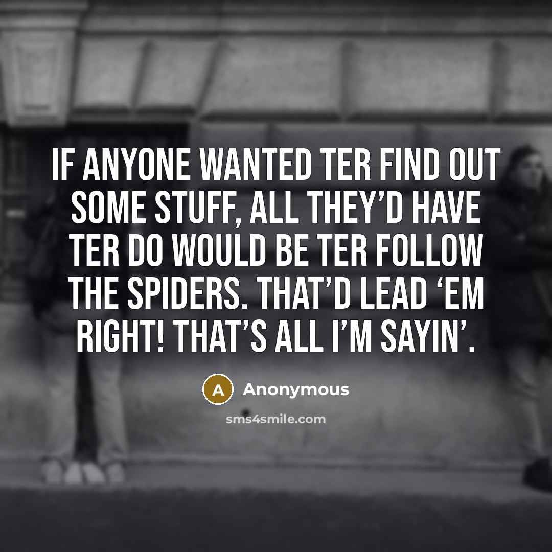 “If anyone wanted ter find out some stuff, all they’d have ter do would be ter follow the spiders. That’d lead ‘em right! That’s all I’m sayin’.” quote by Anonymous