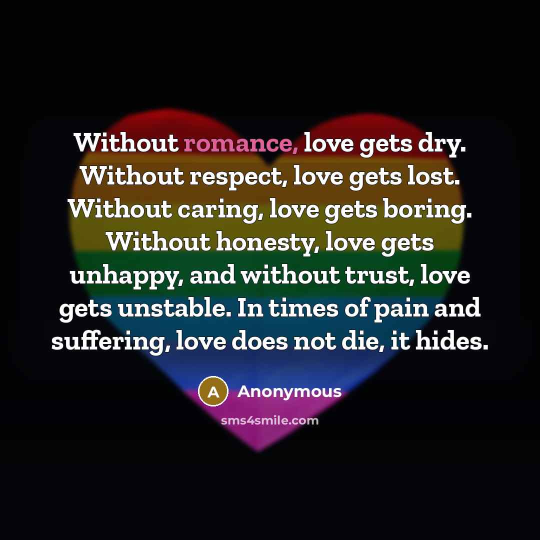 “Without romance, love gets dry. Without respect, love gets lost. Without caring, love gets boring. Without honesty, love gets unhappy, and without trust, love gets unstable. In times of pain and suffering, love does not die, it hides.” quote by Anonymous