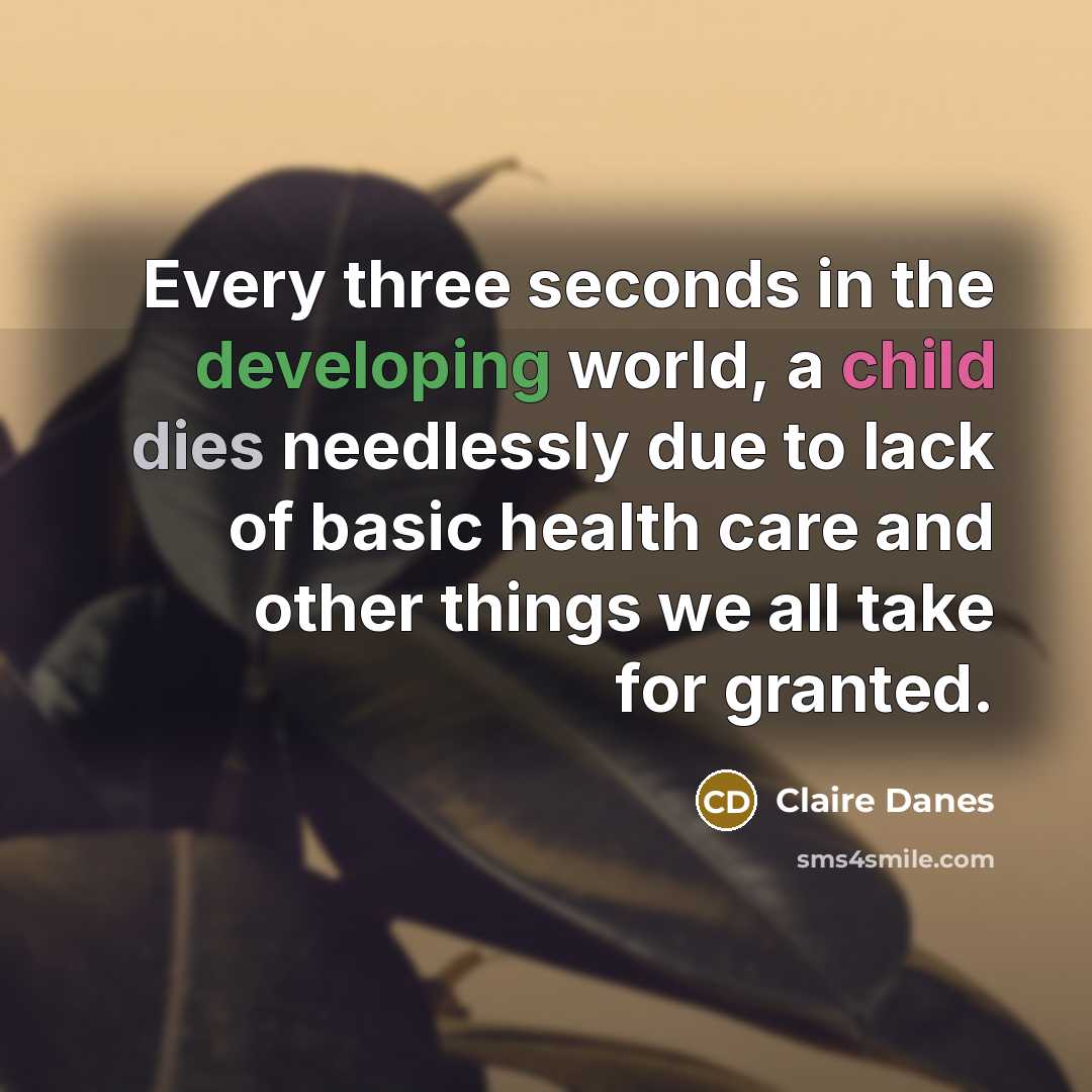 “Every three seconds in the developing world, a child dies needlessly due to lack of basic health care and other things we all take for granted.” quote by Claire Danes