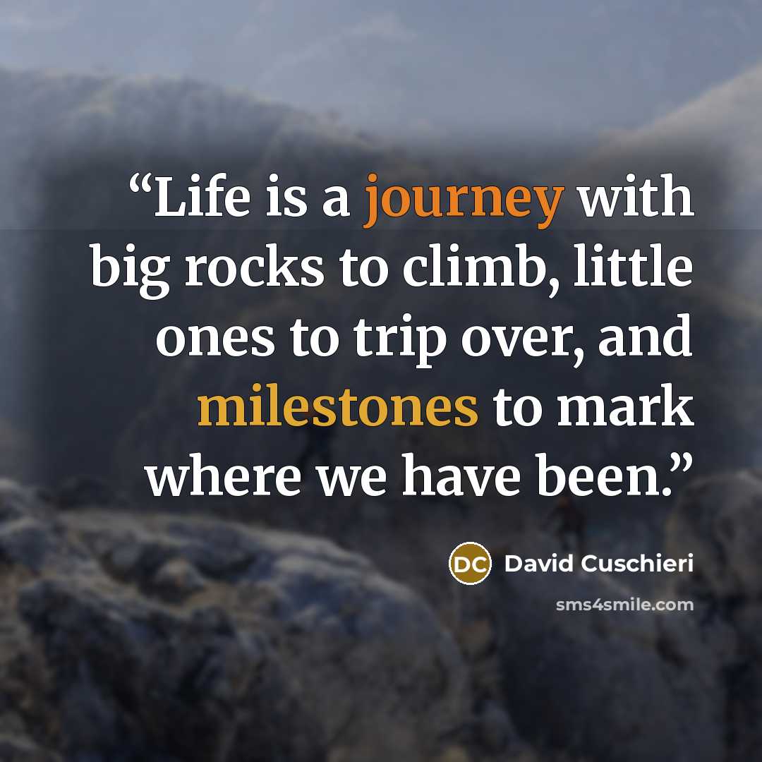 “Life is a journey with big rocks to climb, little ones to trip over, and milestones to mark where we have been.” quote by David Cuschieri
