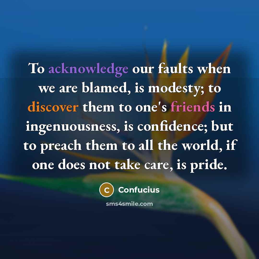 “To acknowledge our faults when we are blamed, is modesty; to discover them to one's friends in ingenuousness, is confidence; but to preach them to all the world, if one does not take care, is pride.” quote by Confucius