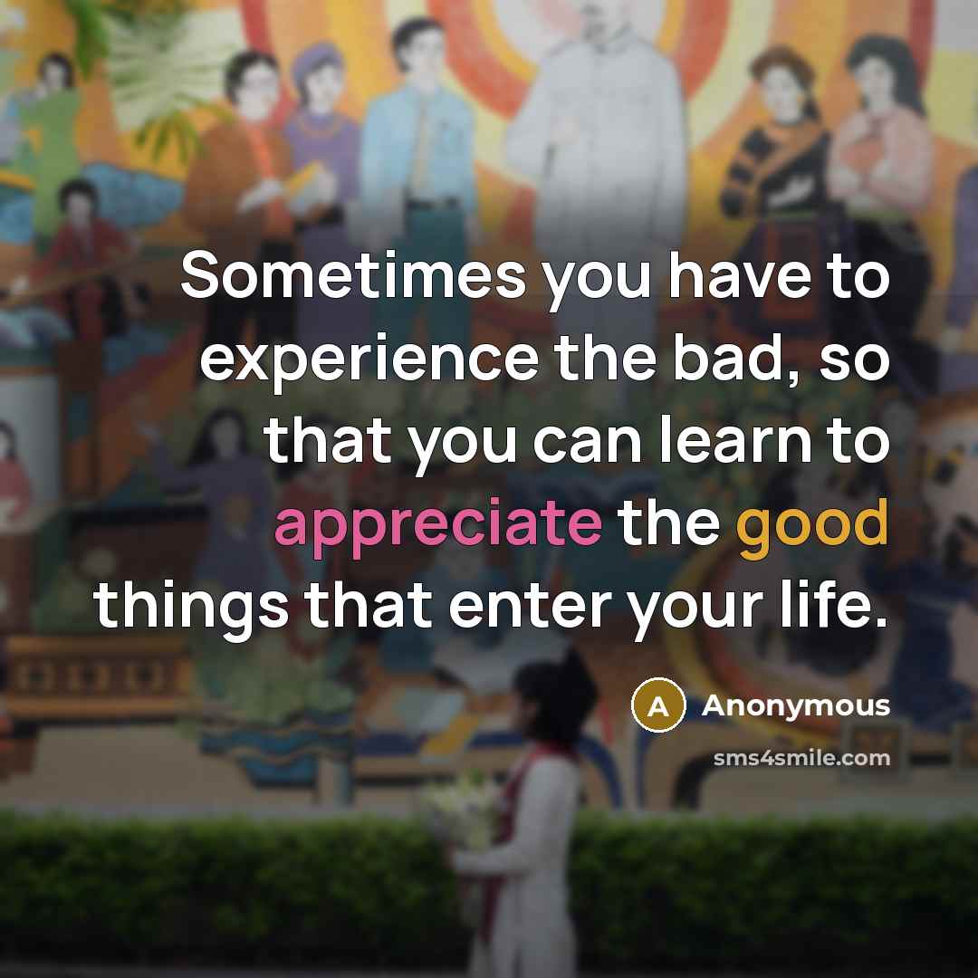 “Sometimes you have to experience the bad, so that you can learn to appreciate the good things that enter your life.” quote by Anonymous