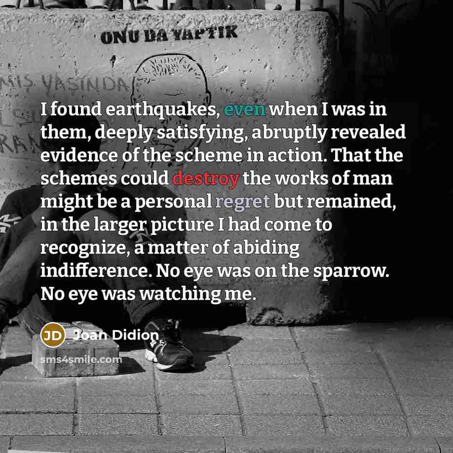 “I found earthquakes, even when I was in them, deeply satisfying, abruptly revealed evidence of the scheme in action. That the schemes could destroy the works of man might be a personal regret but remained, in the larger picture I had come to recognize, a matter of abiding indifference. No eye was…” quote by Joan Didion