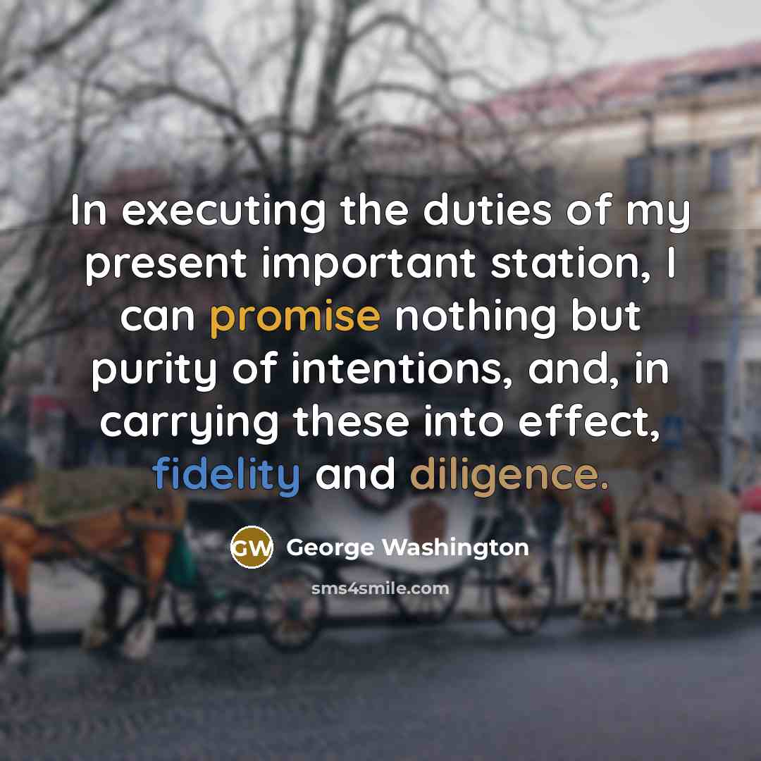 “In executing the duties of my present important station, I can promise nothing but purity of intentions, and, in carrying these into effect, fidelity and diligence.” quote by George Washington