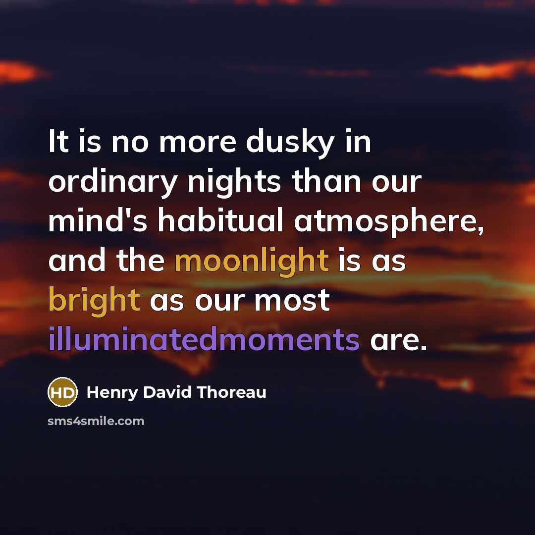 “It is no more dusky in ordinary nights than our mind's habitual atmosphere, and the moonlight is as bright as our most illuminatedmoments are.” quote by Henry David Thoreau