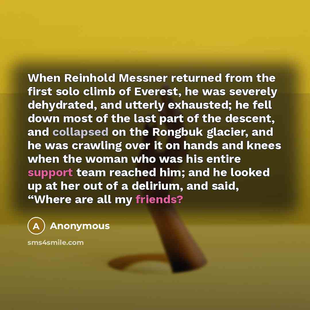 “When Reinhold Messner returned from the first solo climb of Everest, he was severely dehydrated, and utterly exhausted; he fell down most of the last part of the descent, and collapsed on the Rongbuk glacier, and he was crawling over it on hands and knees when the woman who was his entire support…” quote by Anonymous