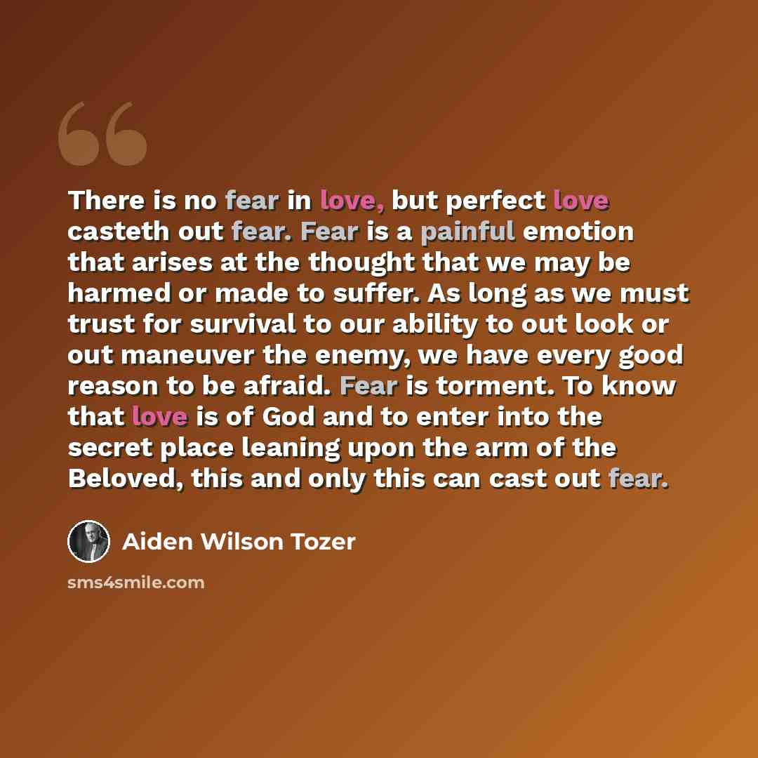 “There is no fear in love, but perfect love casteth out fear. Fear is a painful emotion that arises at the thought that we may be harmed or made to suffer. As long as we must trust for survival to our ability to out look or out maneuver the enemy, we have every good reason to be afraid. Fear is…” quote by Aiden Wilson Tozer