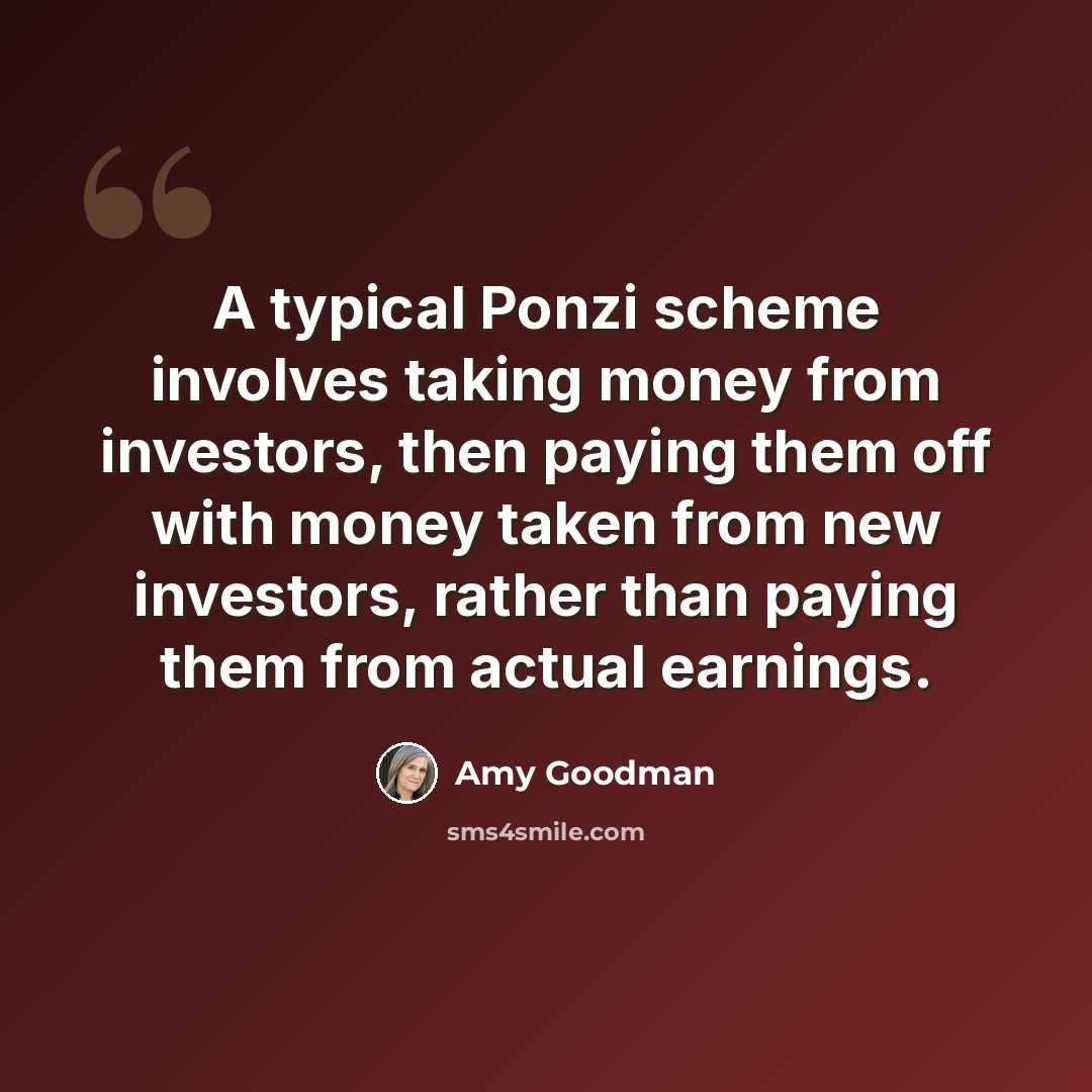 “A typical Ponzi scheme involves taking money from investors, then paying them off with money taken from new investors, rather than paying them from actual earnings.” quote by Amy Goodman