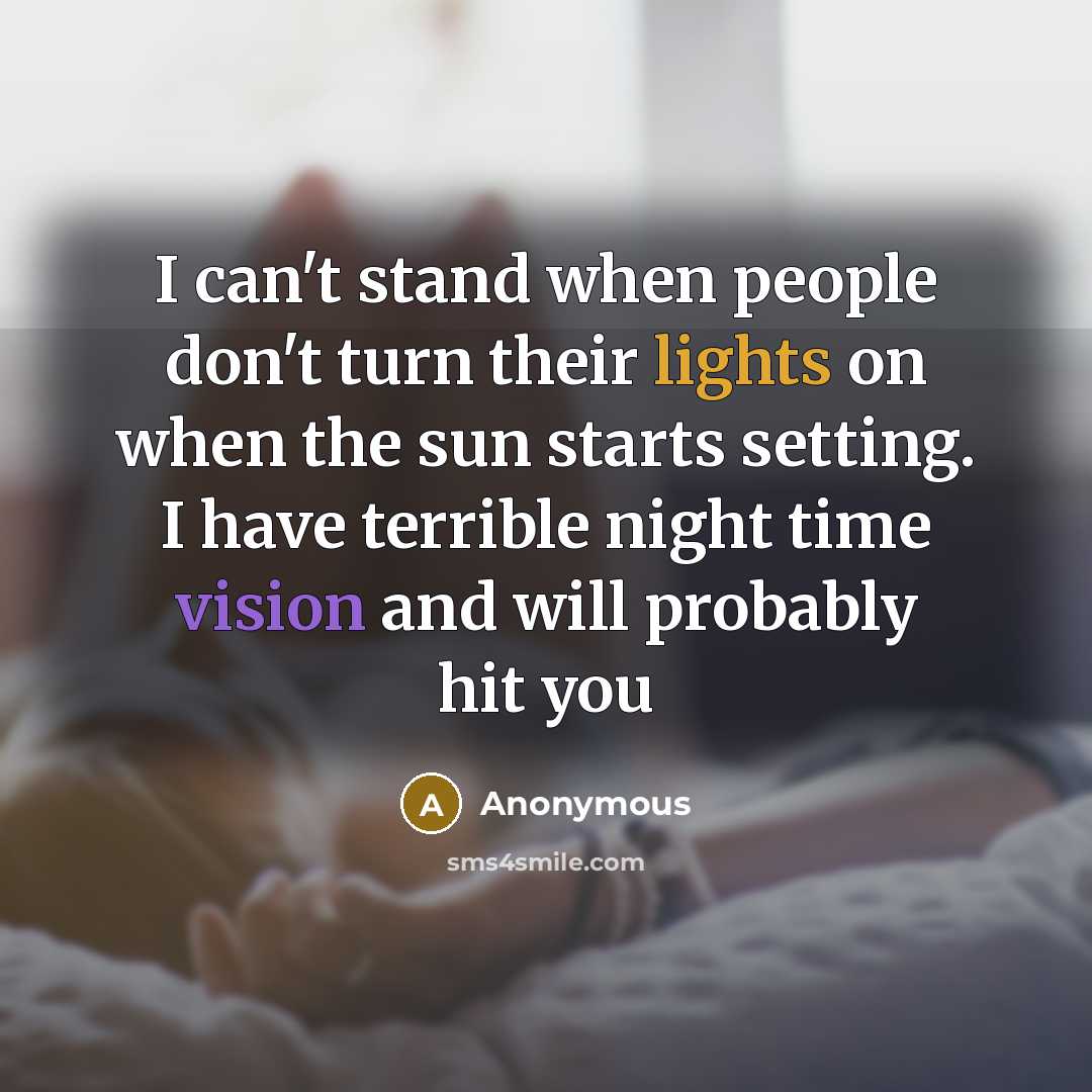 “I can't stand when people don't turn their lights on when the sun starts setting. I have terrible night time vision and will probably hit you” quote by Anonymous