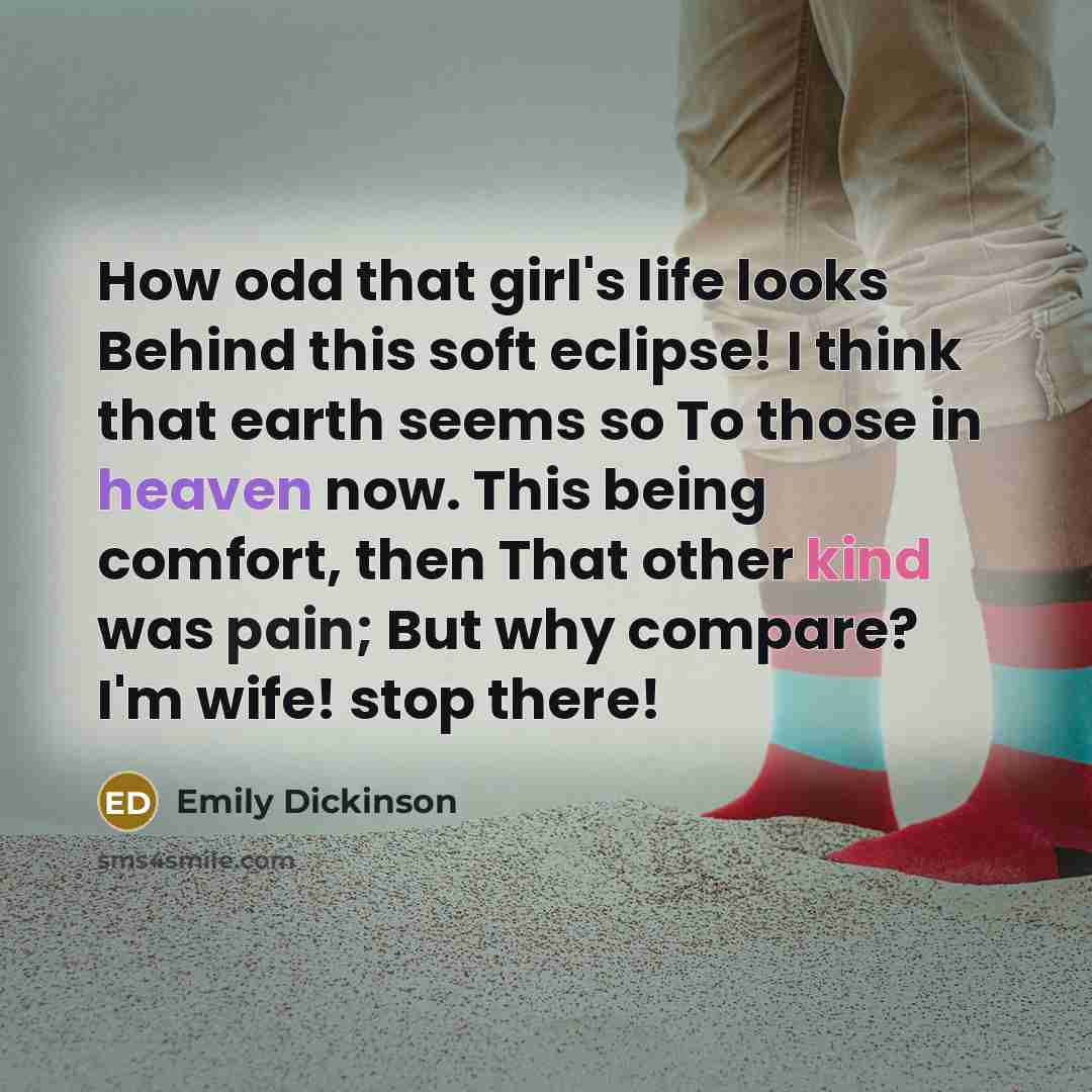 “How odd that girl's life looks Behind this soft eclipse! I think that earth seems so To those in heaven now. This being comfort, then That other kind was pain; But why compare? I'm wife! stop there!” quote by Emily Dickinson