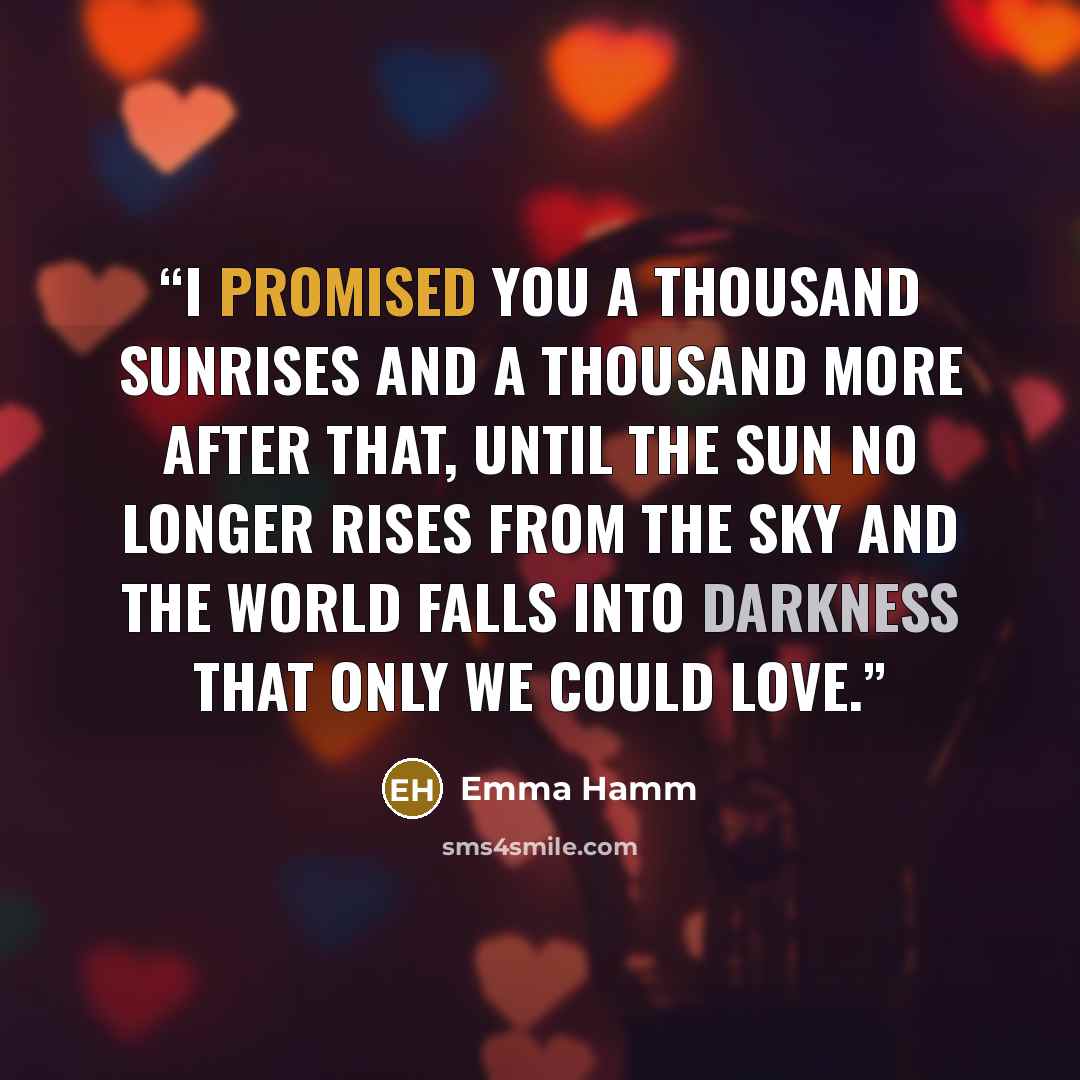 “I promised you a thousand sunrises and a thousand more after that, until the sun no longer rises from the sky and the world falls into darkness that only we could love.” quote by Emma Hamm