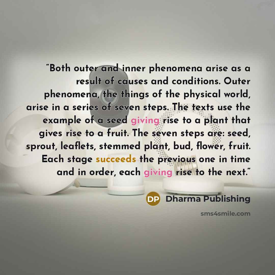 “Both outer and inner phenomena arise as a result of causes and conditions. Outer phenomena, the things of the physical world, arise in a series of seven steps. The texts use the example of a seed giving rise to a plant that gives rise to a fruit. The seven steps are: seed, sprout, leaflets…” quote by Dharma Publishing