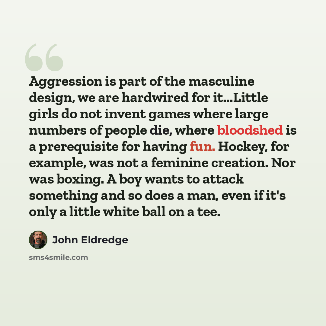 “Aggression is part of the masculine design, we are hardwired for it...Little girls do not invent games where large numbers of people die, where bloodshed is a prerequisite for having fun. Hockey, for example, was not a feminine creation. Nor was boxing. A boy wants to attack something and so does…” quote by John Eldredge