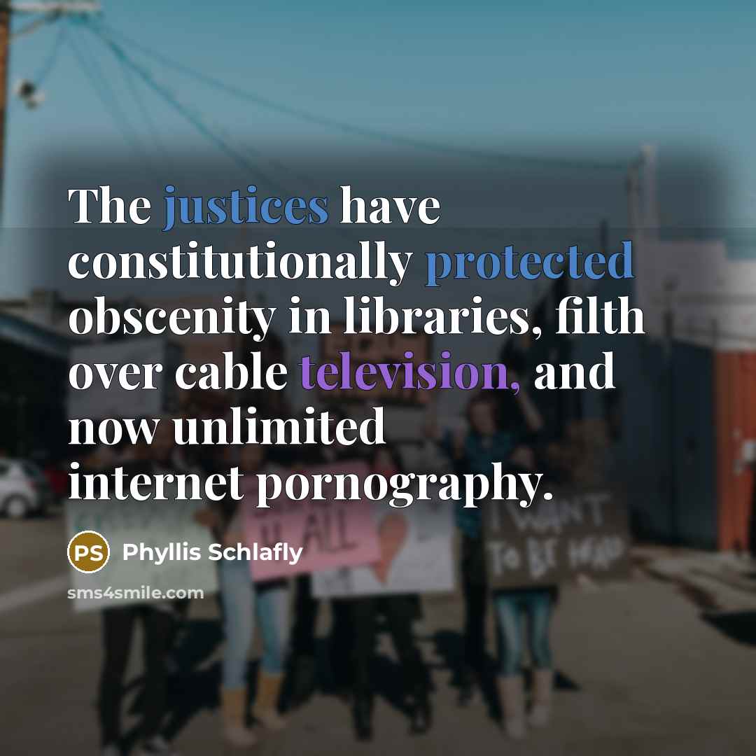 “The justices have constitutionally protected obscenity in libraries, filth over cable television, and now unlimited internet pornography.” quote by Phyllis Schlafly