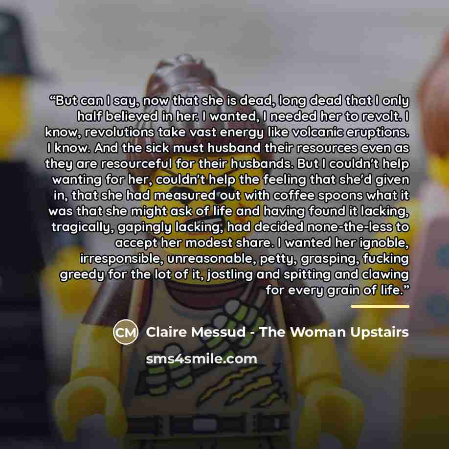“But can I say, now that she is dead, long dead that I only half believed in her. I wanted, I needed her to revolt. I know, revolutions take vast energy like volcanic eruptions. I know. And the sick must husband their resources even as they are resourceful for their husbands. But I couldn't help…” quote by Claire Messud - The Woman Upstairs