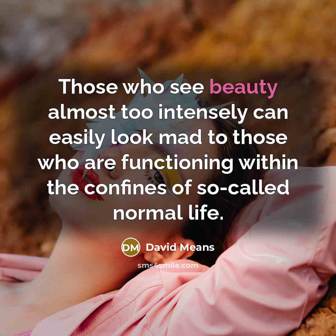 “Those who see beauty almost too intensely can easily look mad to those who are functioning within the confines of so-called normal life.” quote by David Means