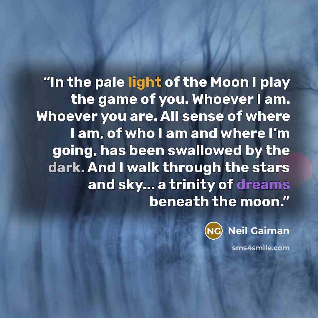 “In the pale light of the Moon I play the game of you. Whoever I am. Whoever you are. All sense of where I am, of who I am and where I’m going, has been swallowed by the dark. And I walk through the stars and sky... a trinity of dreams beneath the moon.” quote by Neil Gaiman