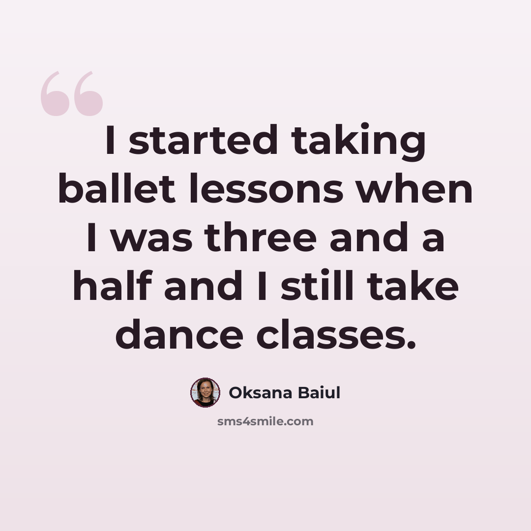 “I started taking ballet lessons when I was three and a half and I still take dance classes.” quote by Oksana Baiul