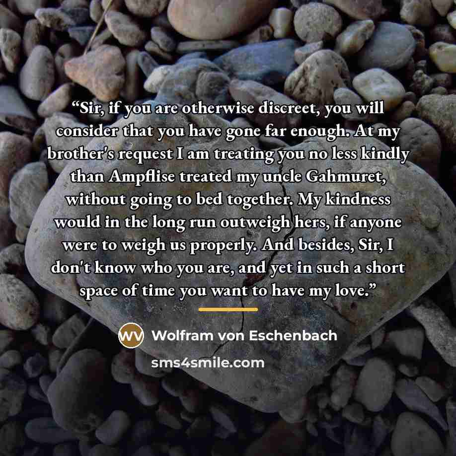 “Sir, if you are otherwise discreet, you will consider that you have gone far enough. At my brother's request I am treating you no less kindly than Ampflise treated my uncle Gahmuret, without going to bed together. My kindness would in the long run outweigh hers, if anyone were to weigh us…” quote by Wolfram von Eschenbach