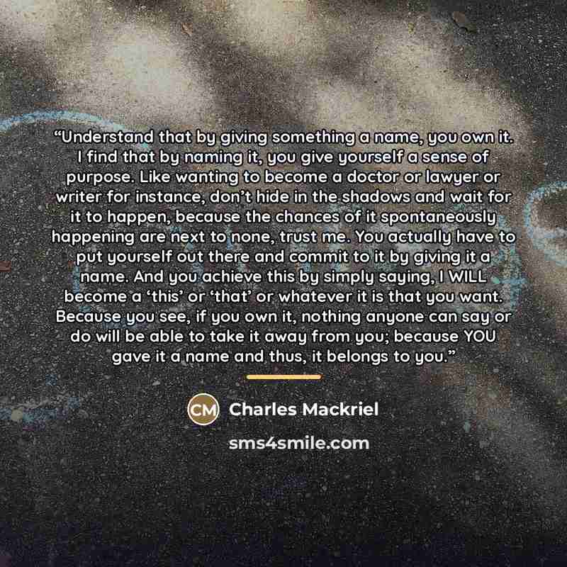 “Understand that by giving something a name, you own it. I find that by naming it, you give yourself a sense of purpose. Like wanting to become a doctor or lawyer or writer for instance, don’t hide in the shadows and wait for it to happen, because the chances of it spontaneously happening are next…” quote by Charles Mackriel
