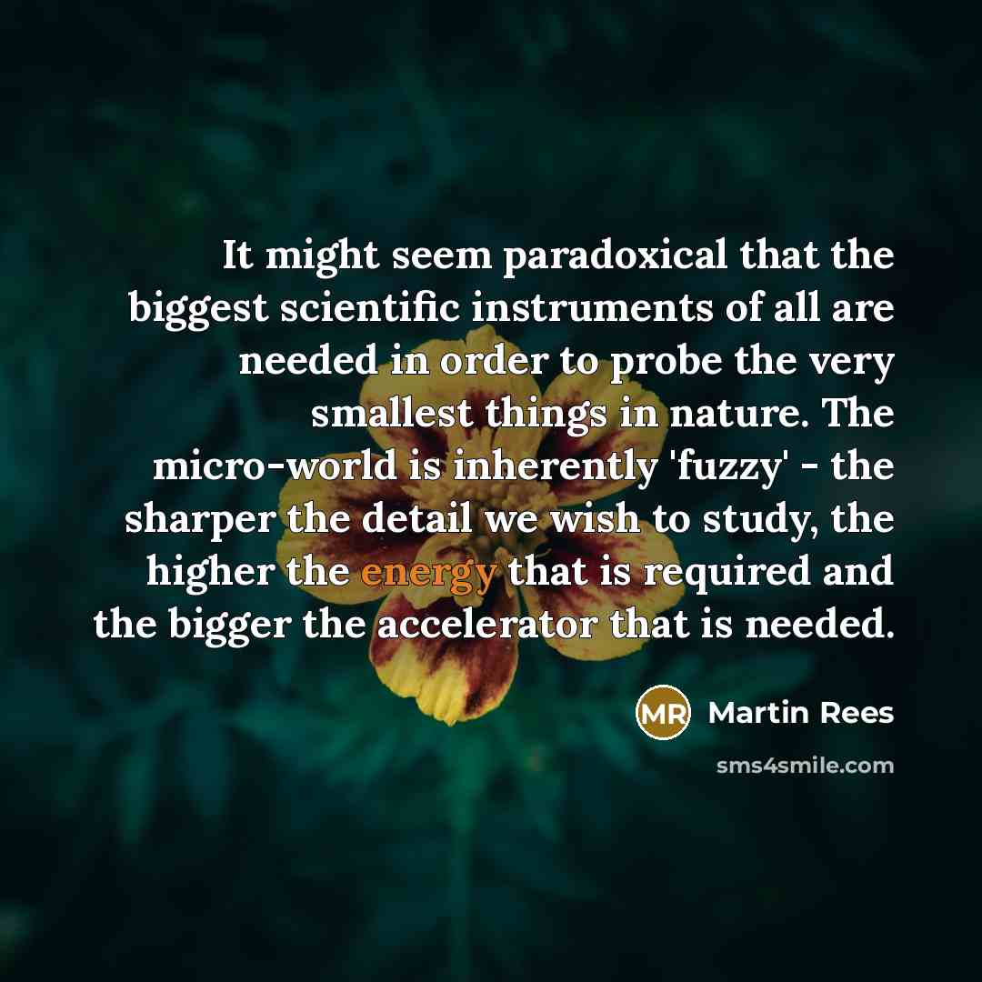 “It might seem paradoxical that the biggest scientific instruments of all are needed in order to probe the very smallest things in nature. The micro-world is inherently 'fuzzy' - the sharper the detail we wish to study, the higher the energy that is required and the bigger the accelerator that is…” quote by Martin Rees