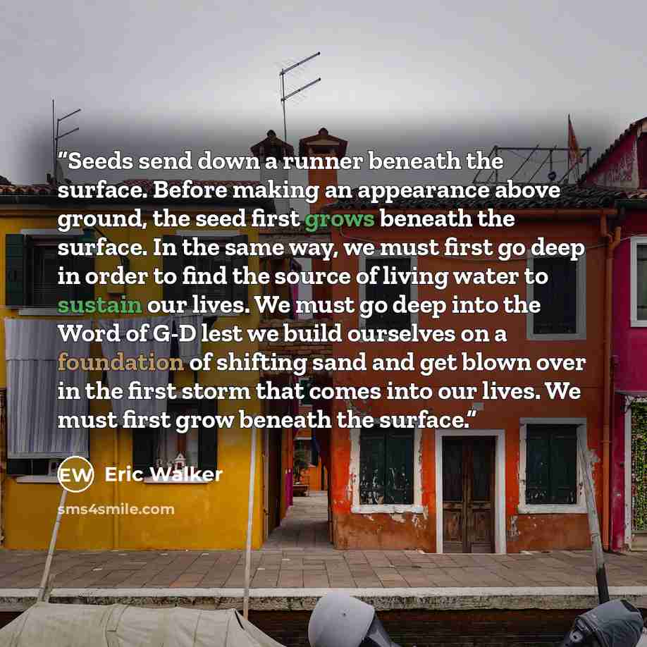 “Seeds send down a runner beneath the surface. Before making an appearance above ground, the seed first grows beneath the surface. In the same way, we must first go deep in order to find the source of living water to sustain our lives. We must go deep into the Word of G-D lest we build ourselves on…” quote by Eric Walker