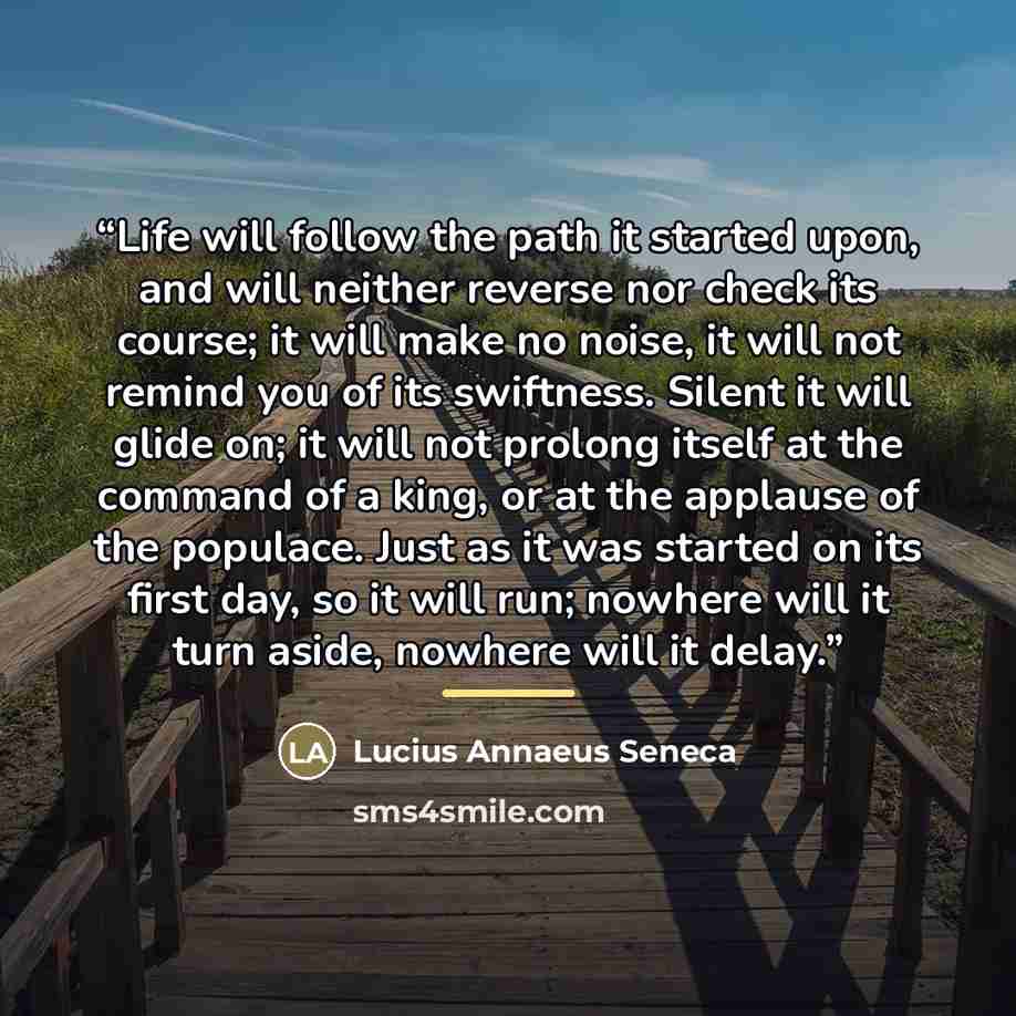 “Life will follow the path it started upon, and will neither reverse nor check its course; it will make no noise, it will not remind you of its swiftness. Silent it will glide on; it will not prolong itself at the command of a king, or at the applause of the populace. Just as it was started on its…” quote by Lucius Annaeus Seneca