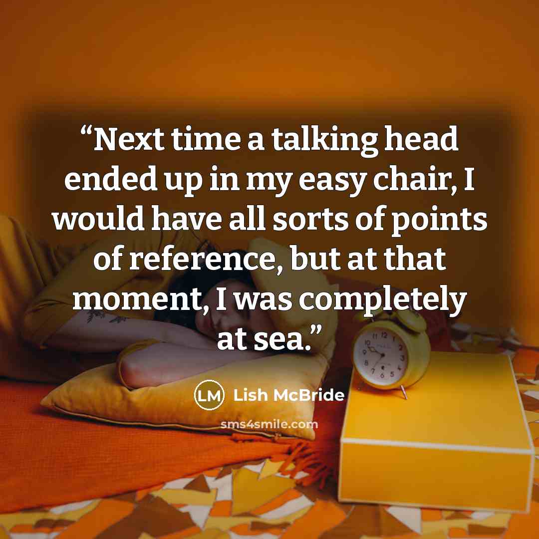 “Next time a talking head ended up in my easy chair, I would have all sorts of points of reference, but at that moment, I was completely at sea.” quote by Lish McBride