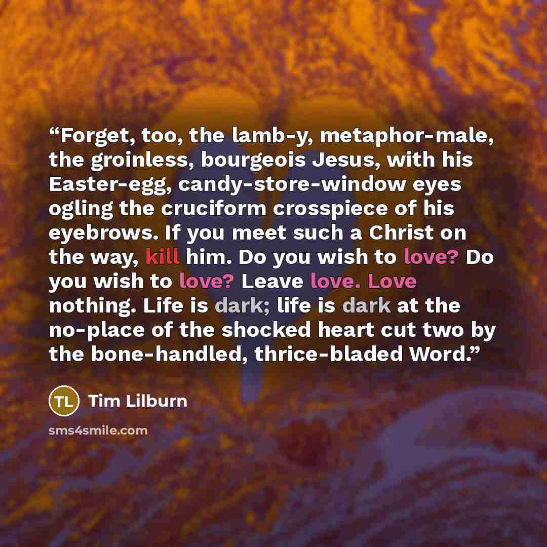 “Forget, too, the lamb-y, metaphor-male, the groinless, bourgeois Jesus, with his Easter-egg, candy-store-window eyes ogling the cruciform crosspiece of his eyebrows. If you meet such a Christ on the way, kill him. Do you wish to love? Do you wish to love? Leave love. Love nothing. Life is dark…” quote by Tim Lilburn