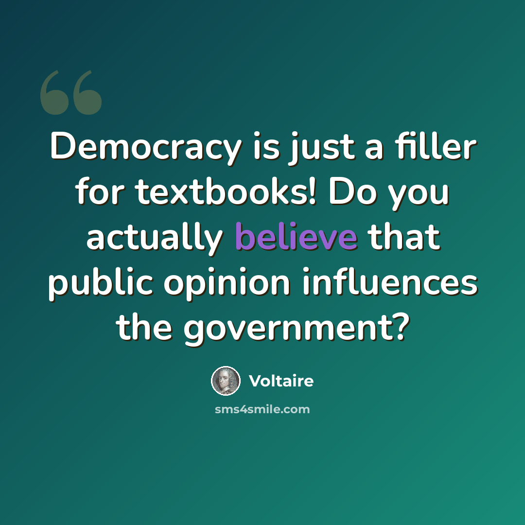 “Democracy is just a filler for textbooks! Do you actually believe that public opinion influences the government?” quote by Voltaire