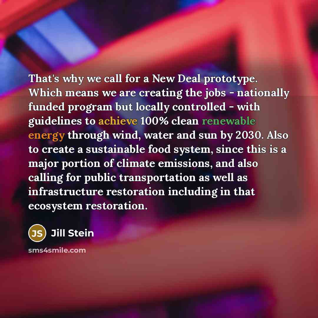 “That's why we call for a New Deal prototype. Which means we are creating the jobs - nationally funded program but locally controlled - with guidelines to achieve 100% clean renewable energy through wind, water and sun by 2030. Also to create a sustainable food system, since this is a major portion…” quote by Jill Stein