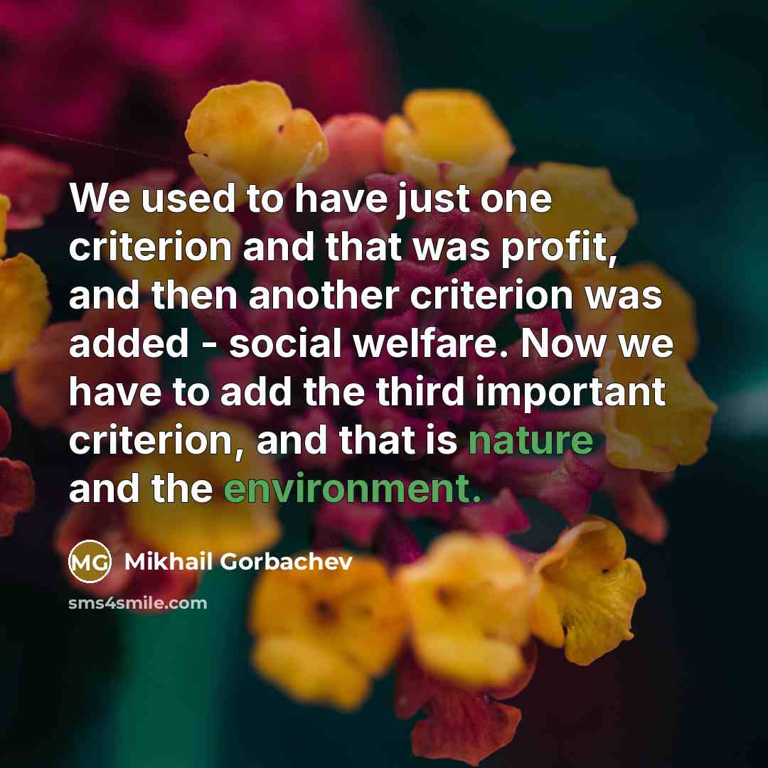 “We used to have just one criterion and that was profit, and then another criterion was added - social welfare. Now we have to add the third important criterion, and that is nature and the environment.” quote by Mikhail Gorbachev