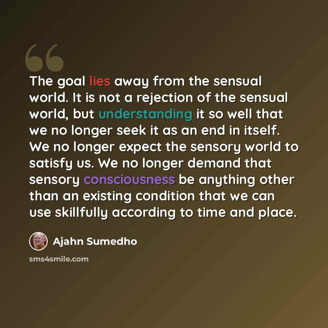 “The goal lies away from the sensual world. It is not a rejection of the sensual world, but understanding it so well that we no longer seek it as an end in itself. We no longer expect the sensory world to satisfy us. We no longer demand that sensory consciousness be anything other than an existing…” quote by Ajahn Sumedho