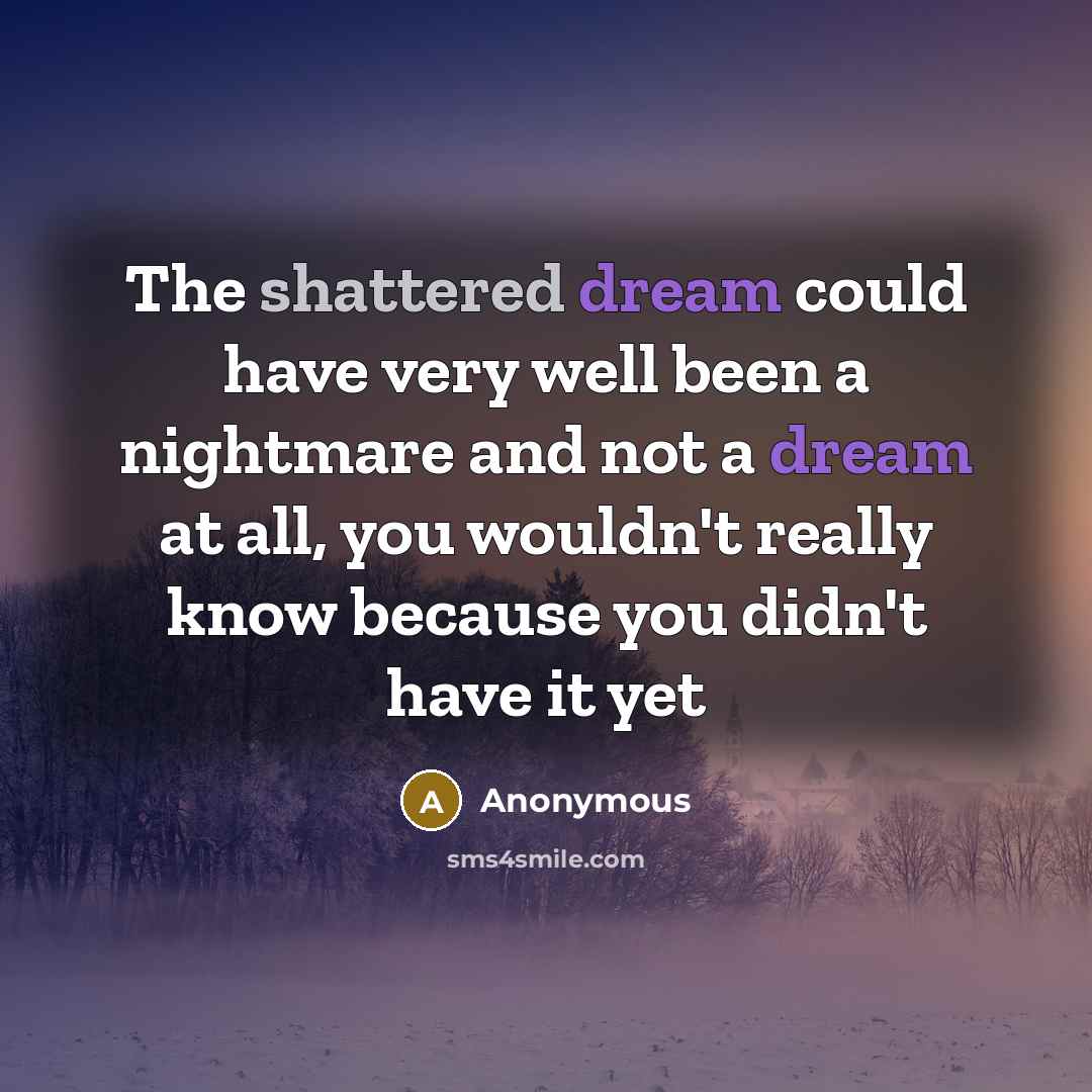 “The shattered dream could have very well been a nightmare and not a dream at all, you wouldn't really know because you didn't have it yet” quote by Anonymous