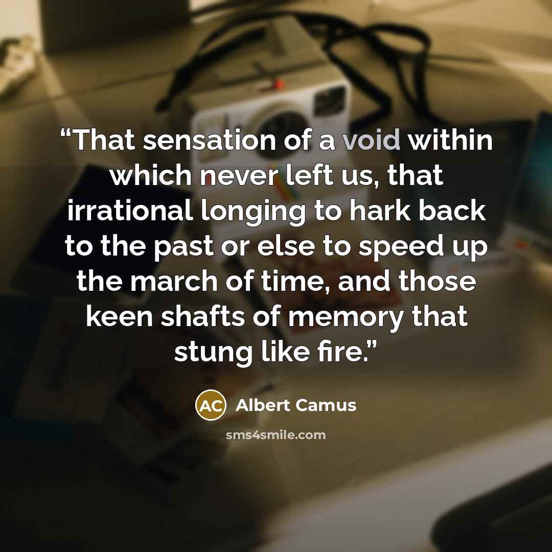 “That sensation of a void within which never left us, that irrational longing to hark back to the past or else to speed up the march of time, and those keen shafts of memory that stung like fire.” quote by Albert Camus