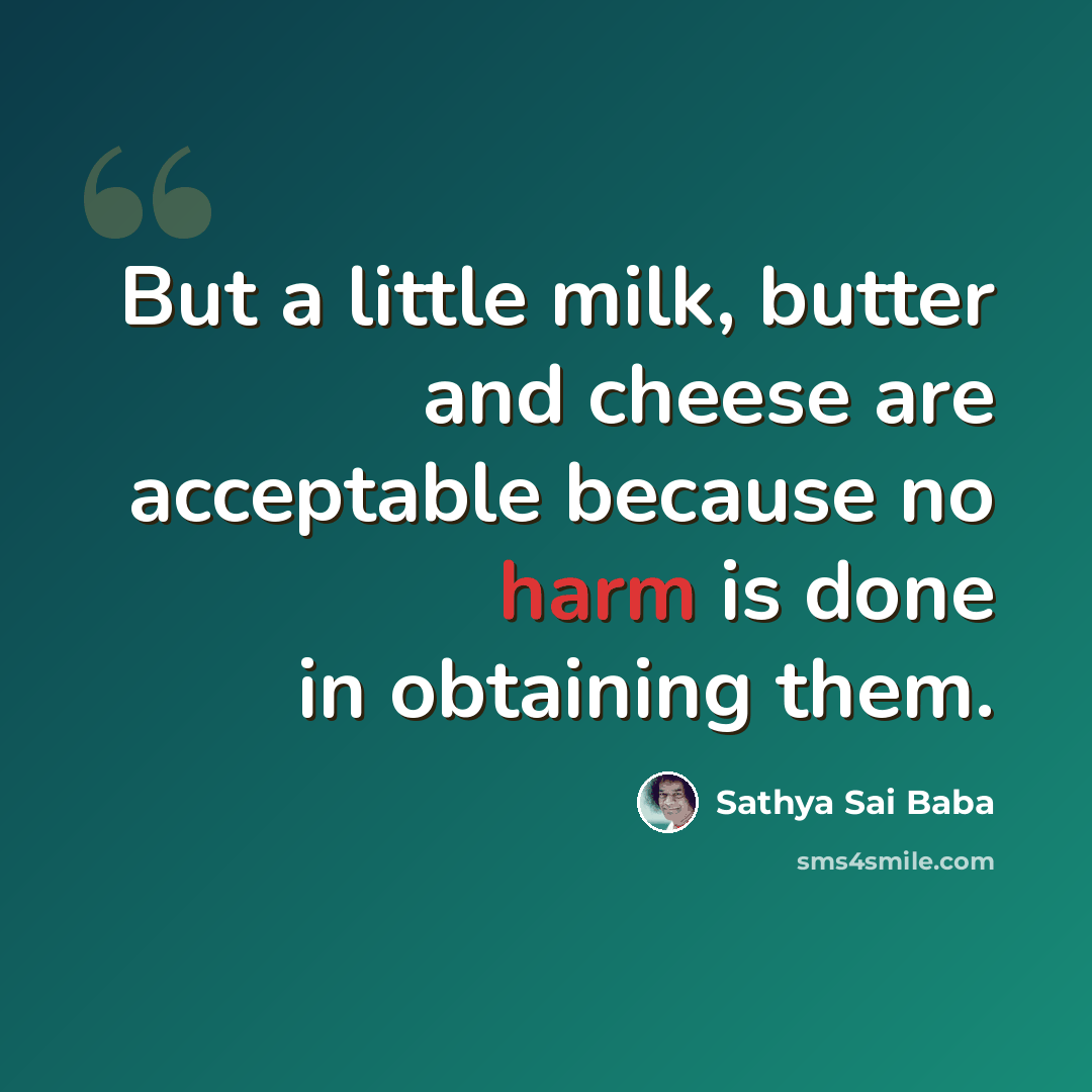 “But a little milk, butter and cheese are acceptable because no harm is done in obtaining them.” quote by Sathya Sai Baba