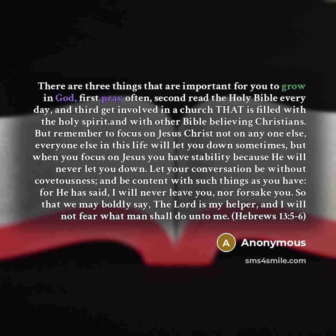 “There are three things that are important for you to grow in God, first pray often, second read the Holy Bible every day, and third get involved in a church THAT is filled with the holy spirit.and with other Bible believing Christians. But remember to focus on Jesus Christ not on any one else…” quote by Anonymous