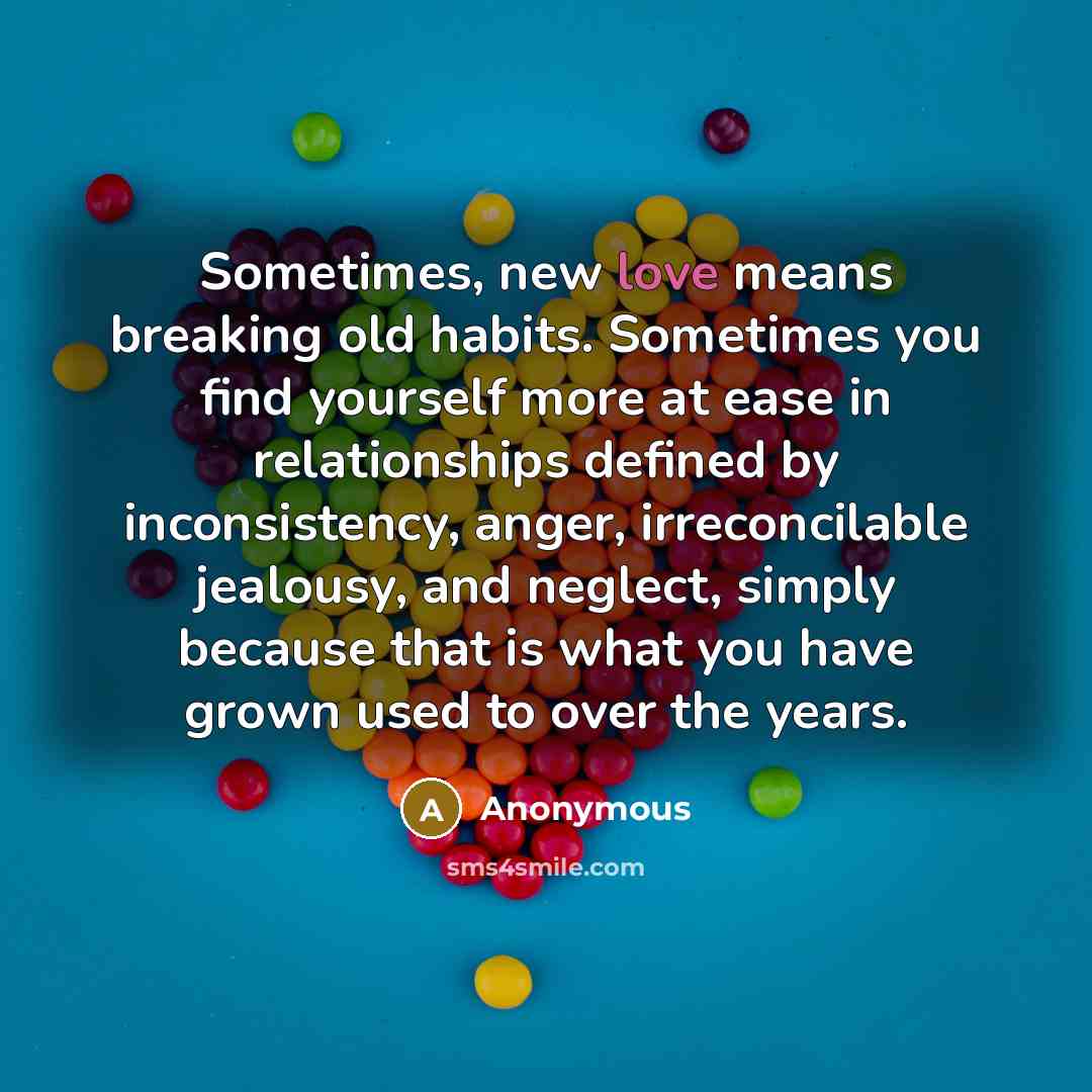 “Sometimes, new love means breaking old habits. Sometimes you find yourself more at ease in relationships defined by inconsistency, anger, irreconcilable jealousy, and neglect, simply because that is what you have grown used to over the years.” quote by Anonymous