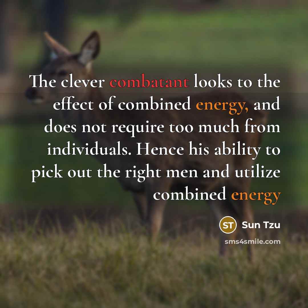 “The clever combatant looks to the effect of combined energy, and does not require too much from individuals. Hence his ability to pick out the right men and utilize combined energy” quote by Sun Tzu