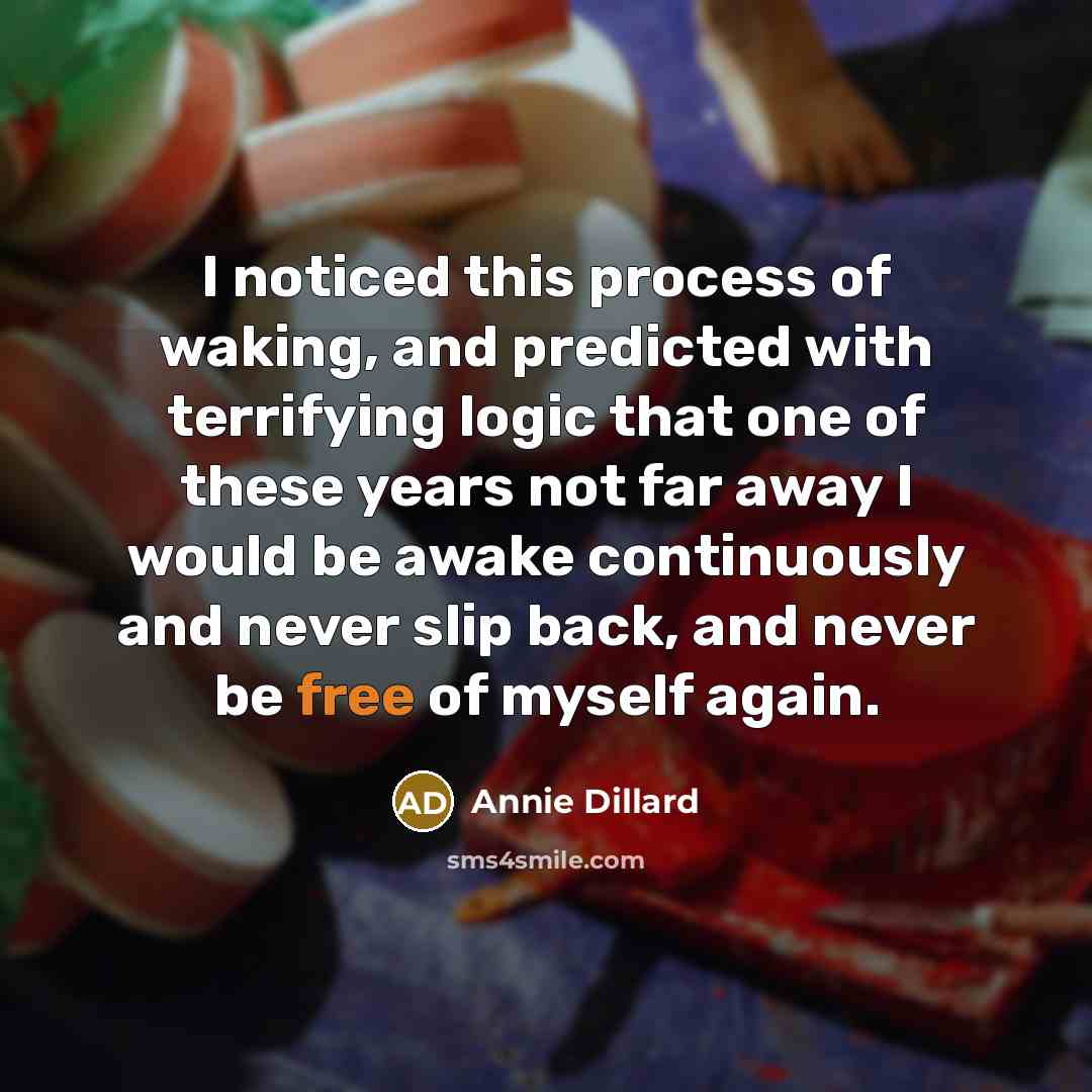 “I noticed this process of waking, and predicted with terrifying logic that one of these years not far away I would be awake continuously and never slip back, and never be free of myself again.” quote by Annie Dillard