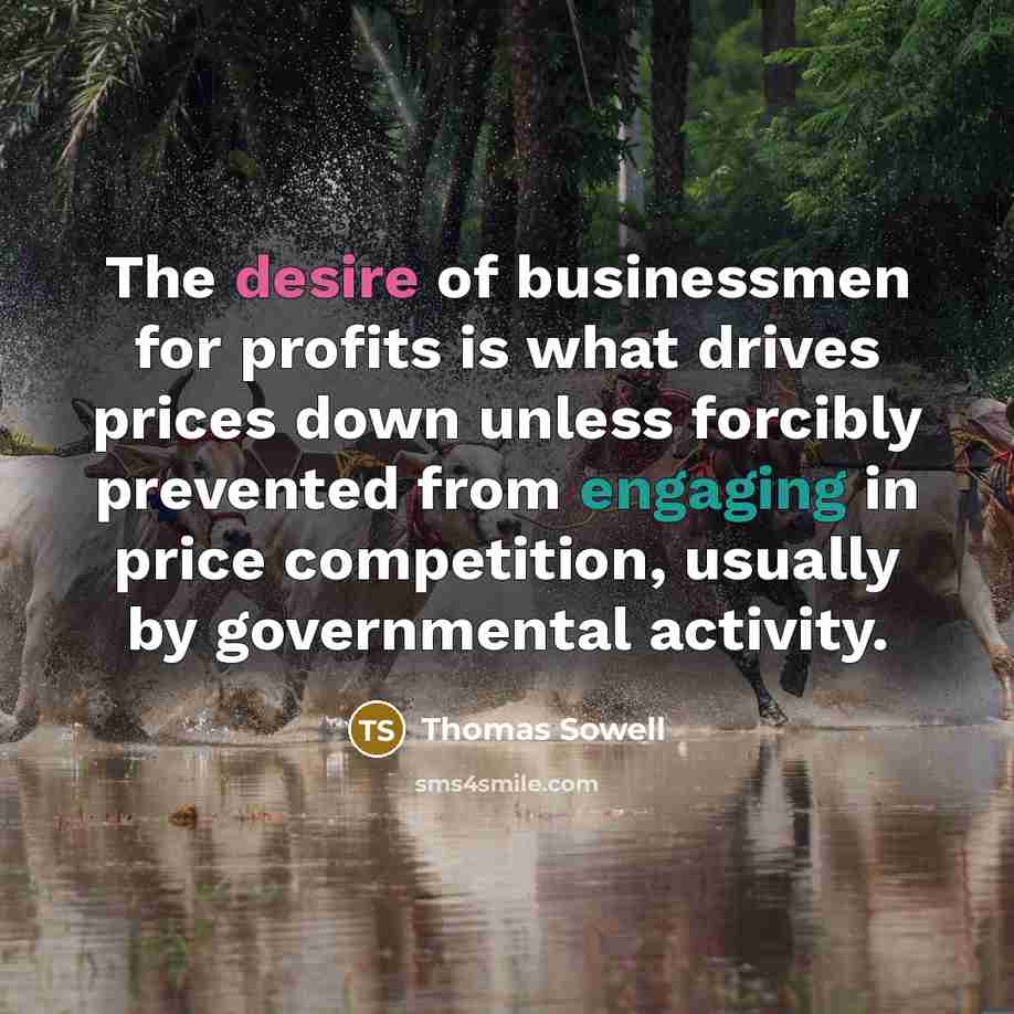 “The desire of businessmen for profits is what drives prices down unless forcibly prevented from engaging in price competition, usually by governmental activity.” quote by Thomas Sowell