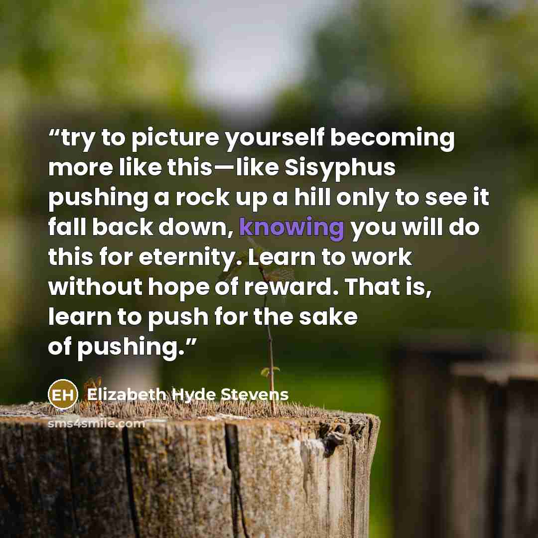 “try to picture yourself becoming more like this—like Sisyphus pushing a rock up a hill only to see it fall back down, knowing you will do this for eternity. Learn to work without hope of reward. That is, learn to push for the sake of pushing.” quote by Elizabeth Hyde Stevens