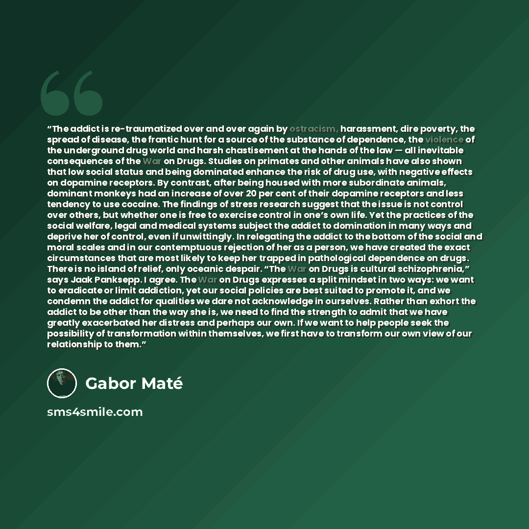“The addict is re-traumatized over and over again by ostracism, harassment, dire poverty, the spread of disease, the frantic hunt for a source of the substance of dependence, the violence of the underground drug world and harsh chastisement at the hands of the law — all inevitable consequences of…” quote by Gabor Maté