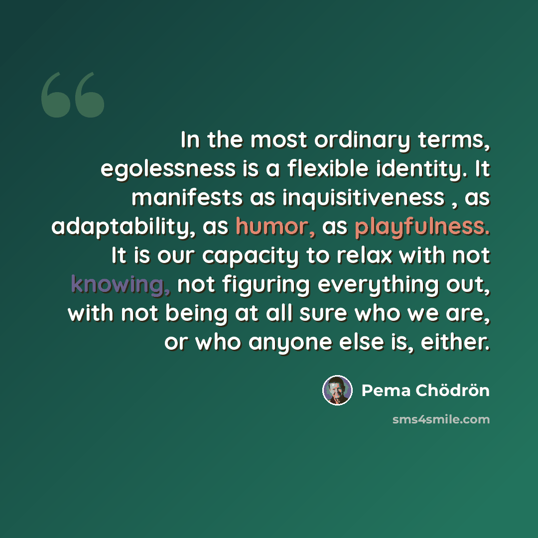 “In the most ordinary terms, egolessness is a flexible identity. It manifests as inquisitiveness , as adaptability, as humor, as playfulness. It is our capacity to relax with not knowing, not figuring everything out, with not being at all sure who we are, or who anyone else is, either.” quote by Pema Chodron