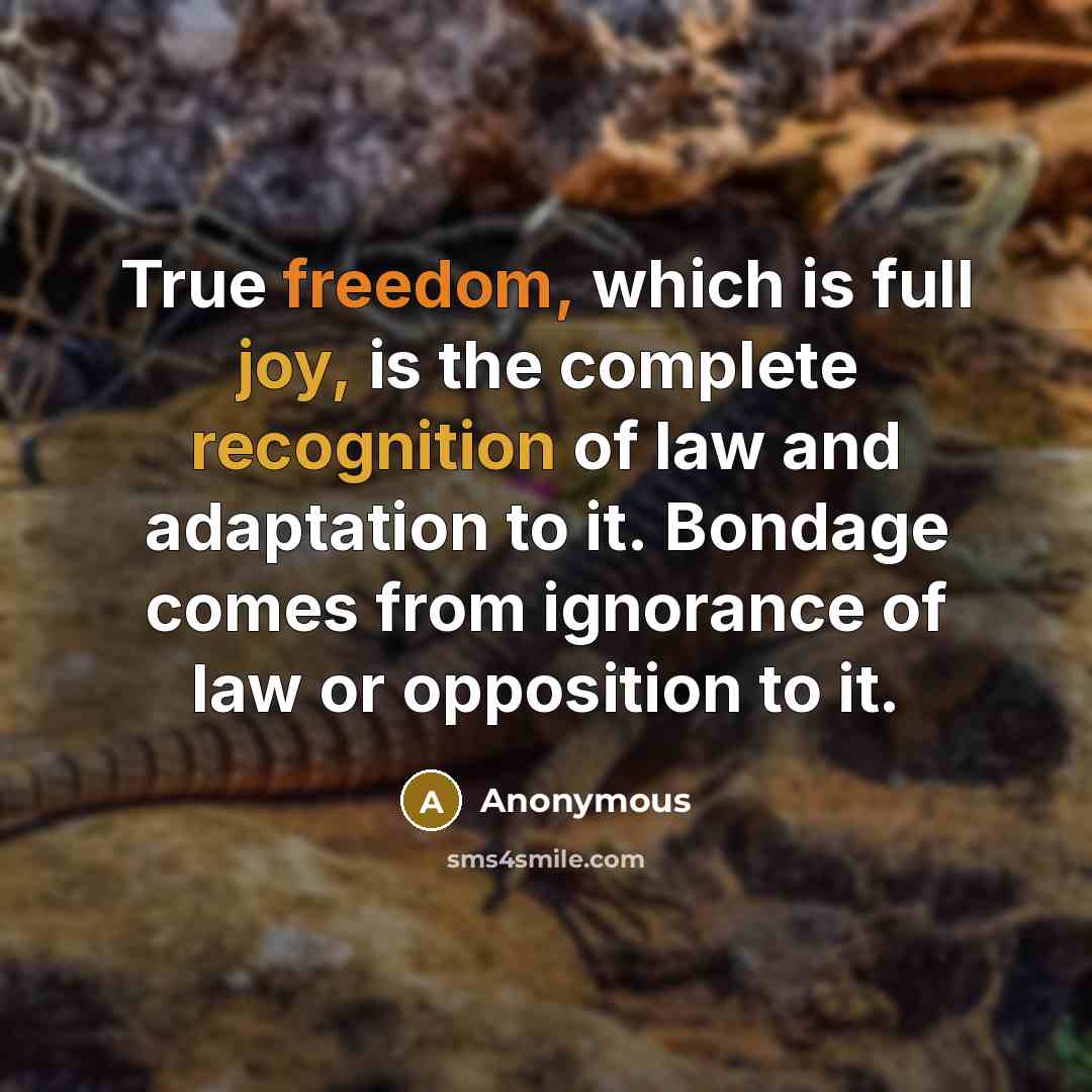 “True freedom, which is full joy, is the complete recognition of law and adaptation to it. Bondage comes from ignorance of law or opposition to it.” quote by Anonymous
