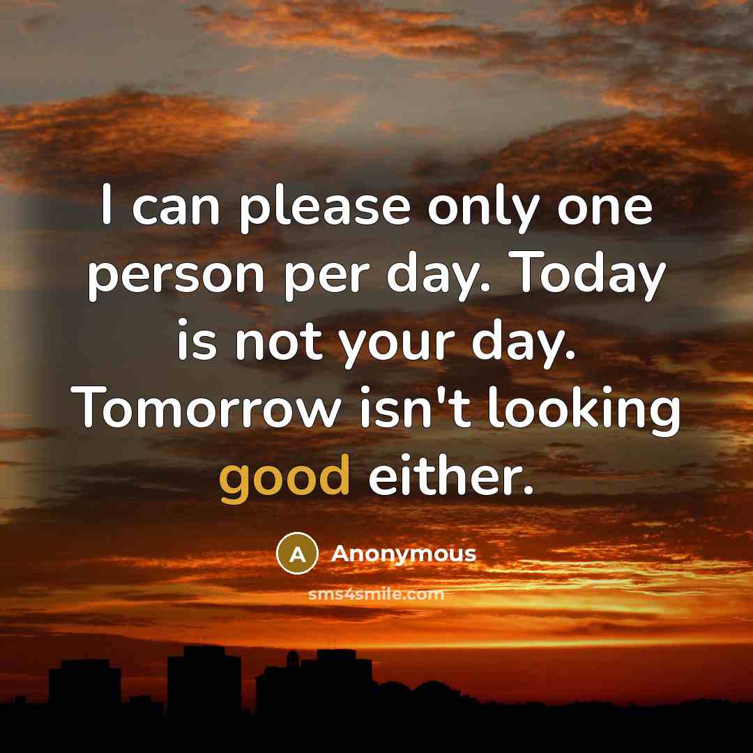 “I can please only one person per day. Today is not your day. Tomorrow isn't looking good either.” quote by Anonymous