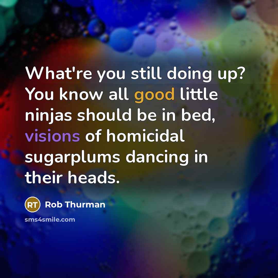 “What're you still doing up? You know all good little ninjas should be in bed, visions of homicidal sugarplums dancing in their heads.” quote by Rob Thurman