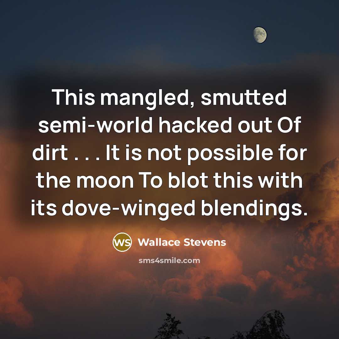“This mangled, smutted semi-world hacked out Of dirt . . . It is not possible for the moon To blot this with its dove-winged blendings.” quote by Wallace Stevens