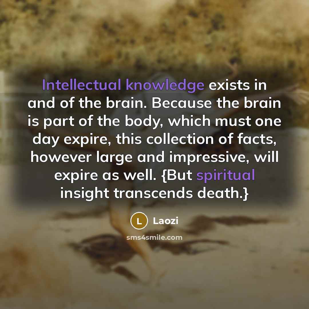 “Intellectual knowledge exists in and of the brain. Because the brain is part of the body, which must one day expire, this collection of facts, however large and impressive, will expire as well. {But spiritual insight transcends death.}” quote by Laozi